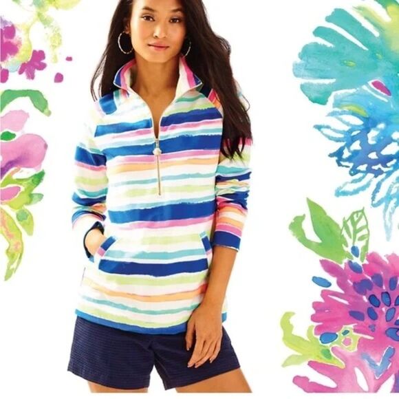 Lilly Pulitzer Skipper Popover Size XS Multi-Colored Stripe Cats Meow Print - Picture 14 of 14